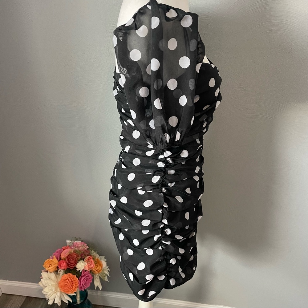 Urban Outfitters black and white polka dot ruched corset dress with puff sleeves - Picture 3 of 11